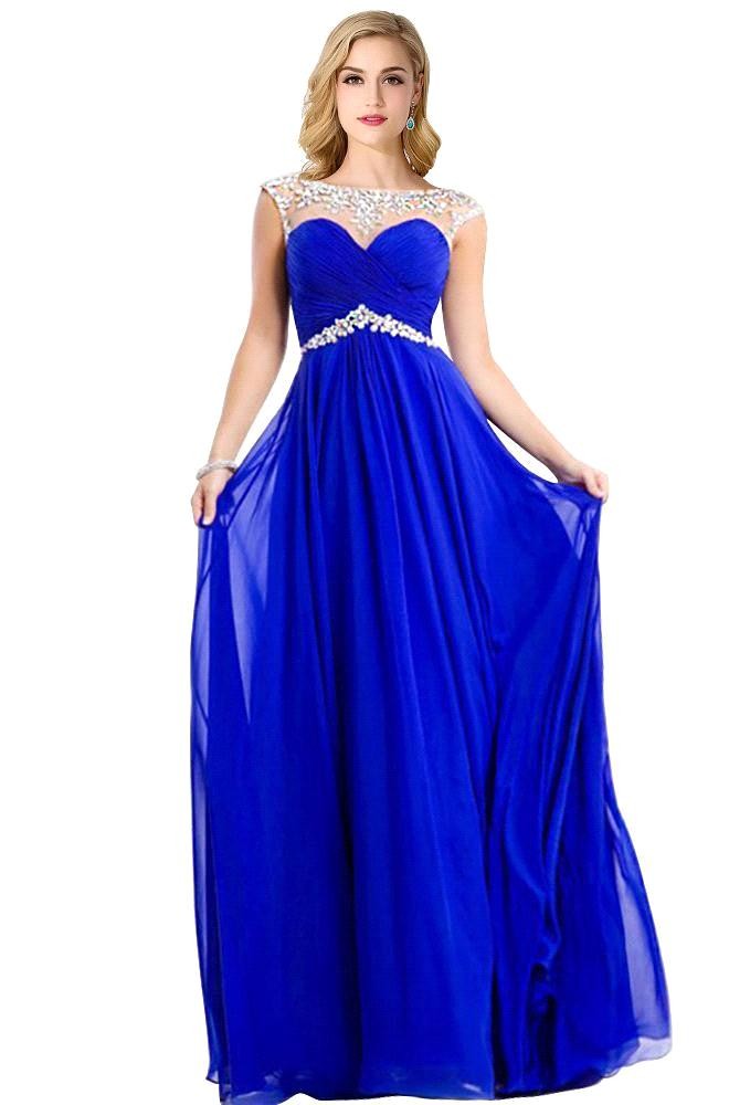 Real Photo Cap Sleeves Crystal Chiffon Long Blue Prom Dresses 2016 Yellow Red White Evening Party Dresses
